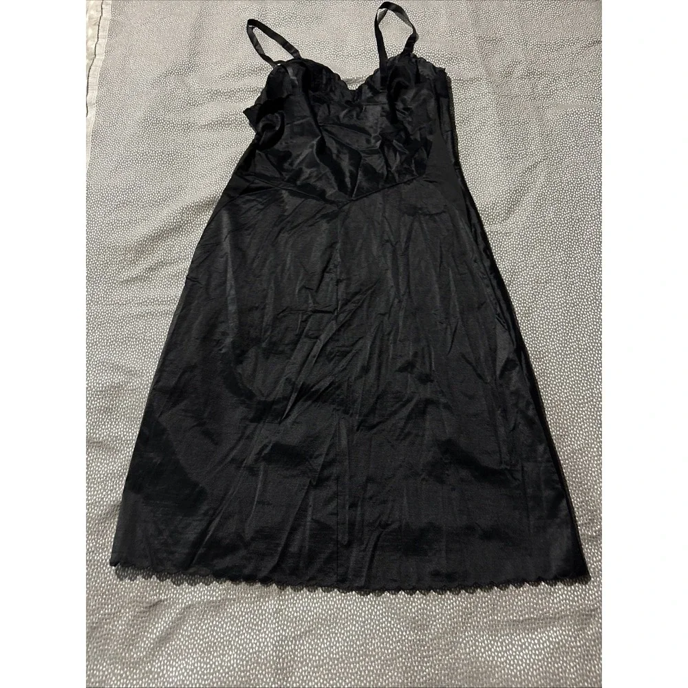 Vintage Shadowline Full Slip Dress Size 36 Black Nightie Sexy Nylon Peplum Trim